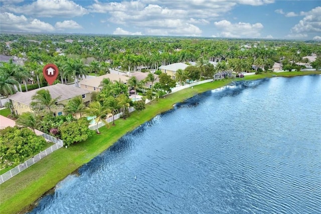 bird's eye view featuring a residential view and a water view