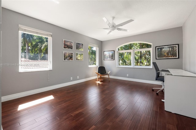 unfurnished office featuring wood finished floors, baseboards, and ceiling fan