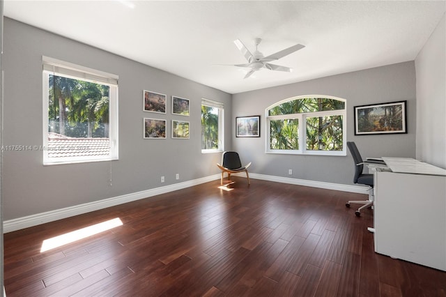 unfurnished office with wood finished floors, baseboards, and ceiling fan