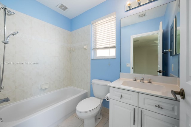 full bath with shower / bath combination, visible vents, and toilet