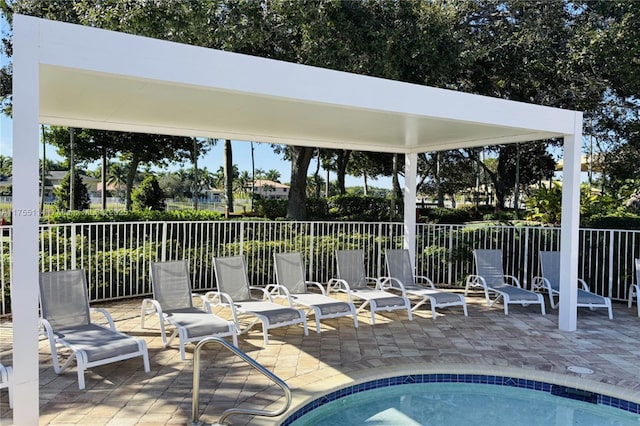 view of swimming pool featuring a swimming pool, a patio, and fence