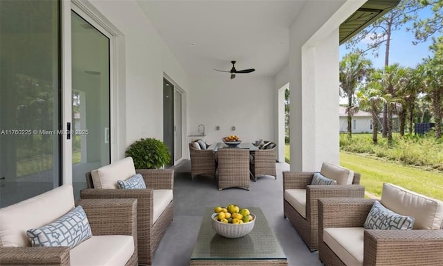 exterior space featuring an outdoor living space, outdoor dining area, and ceiling fan