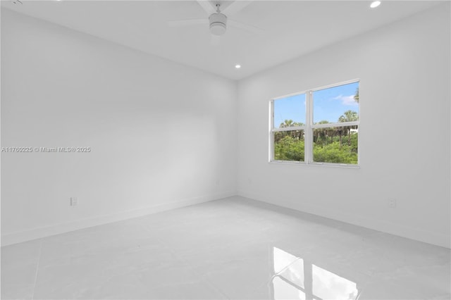 unfurnished room with recessed lighting, baseboards, and ceiling fan