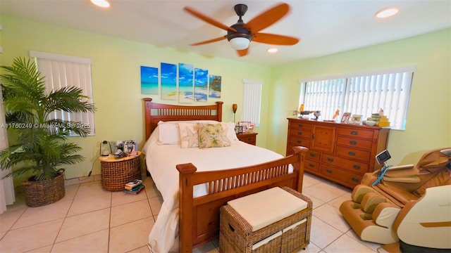 bedroom with recessed lighting, light tile patterned flooring, and a ceiling fan