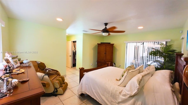 bedroom with light tile patterned floors, visible vents, recessed lighting, and a ceiling fan