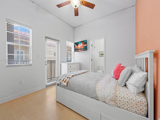 bedroom featuring a ceiling fan, baseboards, light wood finished floors, access to exterior, and ensuite bathroom