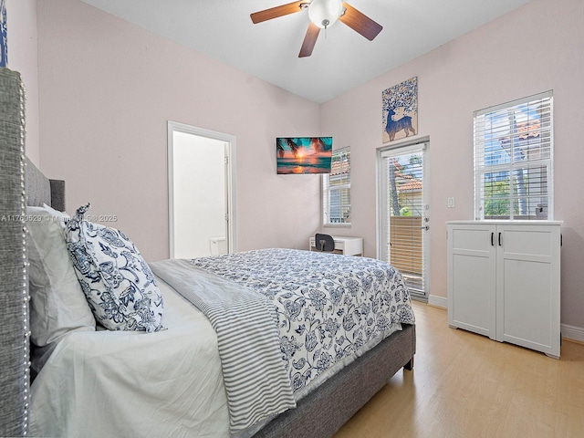 bedroom with light wood finished floors, ceiling fan, baseboards, and access to exterior