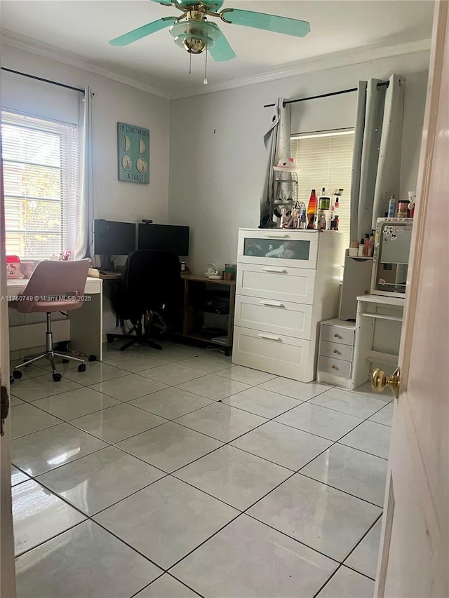 329 Minola Dr, Miami Springs, FL 33166 - home office with light tile patterned floors, a ceiling fan, and ornamental molding