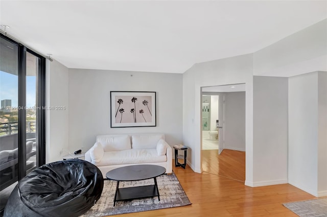 living room with baseboards, a wall of windows, and light wood-style floors