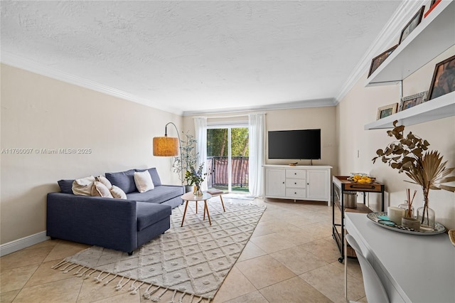 living room featuring light tile patterned floors, a textured ceiling, crown molding, and baseboards