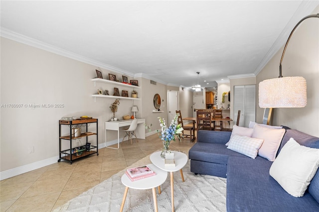 living area with light tile patterned floors, visible vents, crown molding, and baseboards