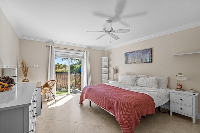 bedroom featuring a ceiling fan, access to exterior, light tile patterned flooring, and ornamental molding