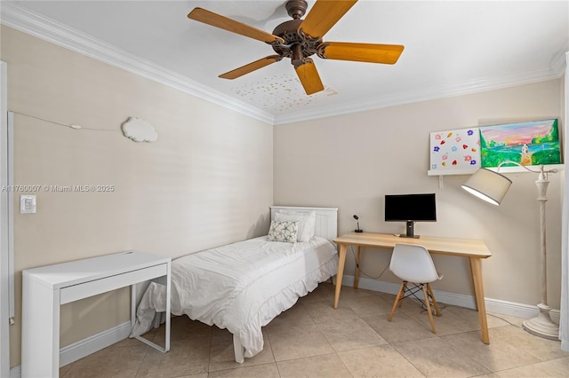 bedroom featuring ceiling fan, light tile patterned floors, baseboards, and ornamental molding