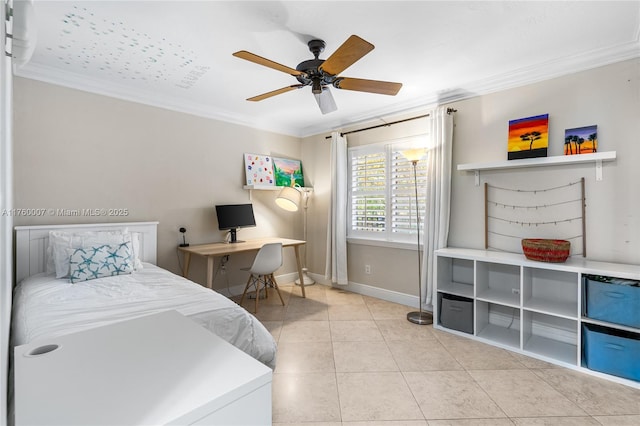 bedroom featuring baseboards, ornamental molding, a ceiling fan, and tile patterned flooring