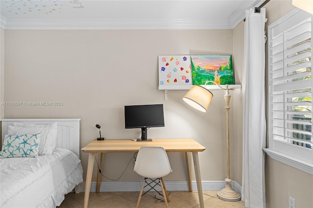 tiled office featuring baseboards and ornamental molding