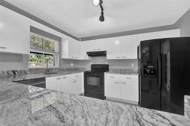 kitchen with under cabinet range hood, light stone countertops, black appliances, and a sink