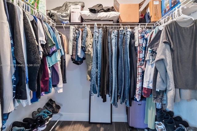 walk in closet with wood finished floors