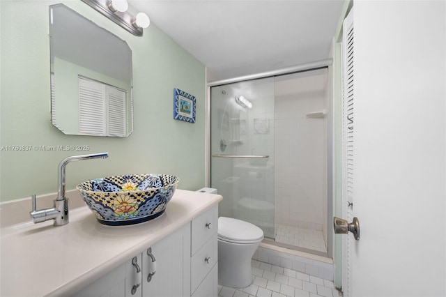 bathroom with tile patterned flooring, a shower stall, toilet, and vanity