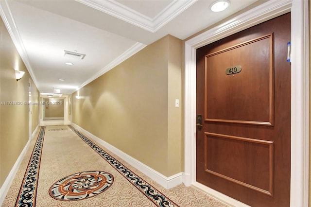 hall featuring visible vents, ornamental molding, recessed lighting, light tile patterned floors, and baseboards