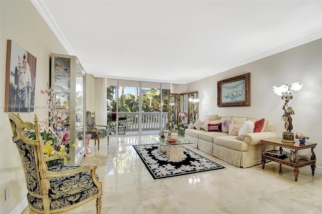 2000 Island Bl Unit 410, Aventura, FL 33160 - living area featuring a wall of windows, baseboards, and crown molding