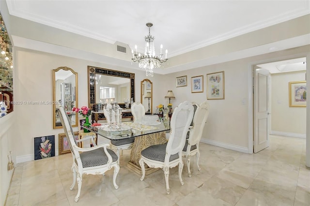 2000 Island Bl Unit 410, Aventura, FL 33160 - dining room featuring visible vents, baseboards, a chandelier, and crown molding