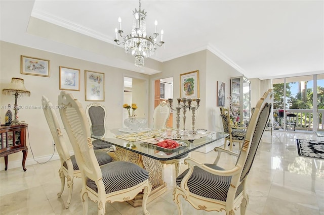 2000 Island Bl Unit 410, Aventura, FL 33160 - dining space with baseboards, an inviting chandelier, ornamental molding, and floor to ceiling windows
