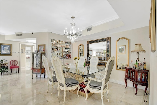 2000 Island Bl Unit 410, Aventura, FL 33160 - dining room featuring a notable chandelier, baseboards, visible vents, and ornamental molding