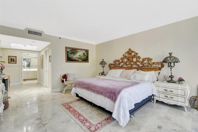 2000 Island Bl Unit 410, Aventura, FL 33160 - bedroom with baseboards, visible vents, ornamental molding, ensuite bathroom, and marble finish floor