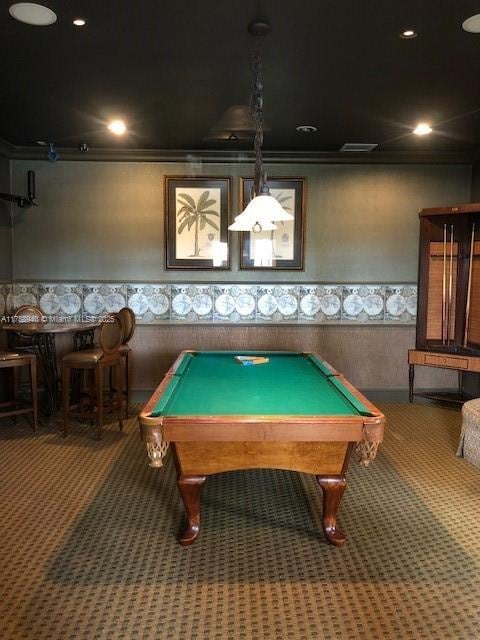 playroom with billiards, carpet, and wainscoting