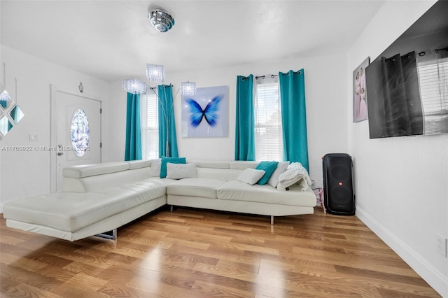 living room with baseboards and wood finished floors