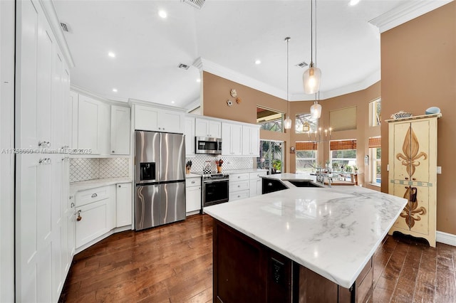 kitchen featuring dark wood-style floors, decorative backsplash, appliances with stainless steel finishes, and ornamental molding