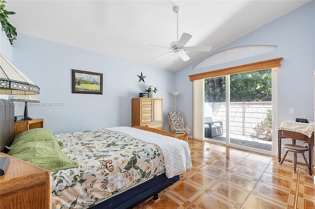 bedroom with lofted ceiling, ceiling fan, and access to outside