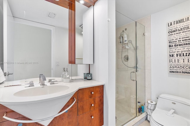 full bathroom with visible vents, vanity, toilet, and a shower stall