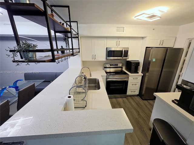 kitchen with visible vents, stainless steel appliances, dark wood-style floors, white cabinetry, and a sink