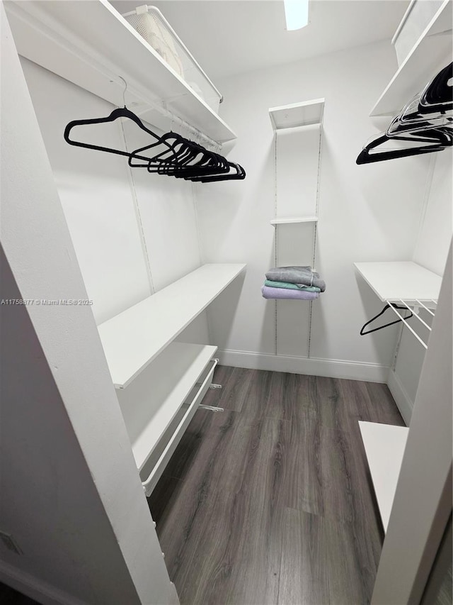 walk in closet with wood finished floors