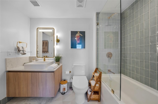 full bathroom with vanity, shower / tub combination, toilet, and visible vents