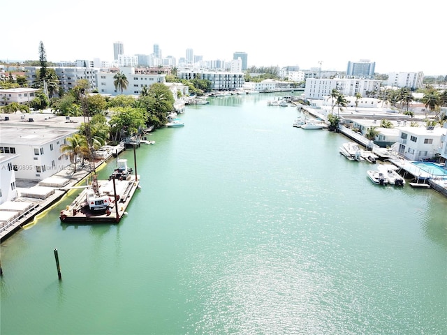 drone / aerial view with a city view and a water view