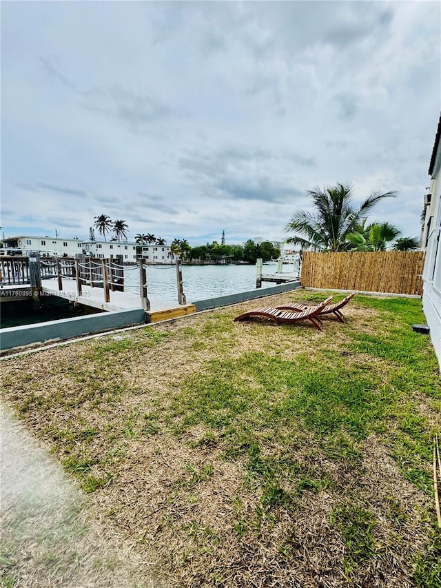 dock area with fence and a water view