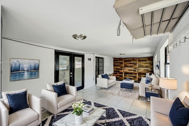 living room with tile patterned flooring and french doors