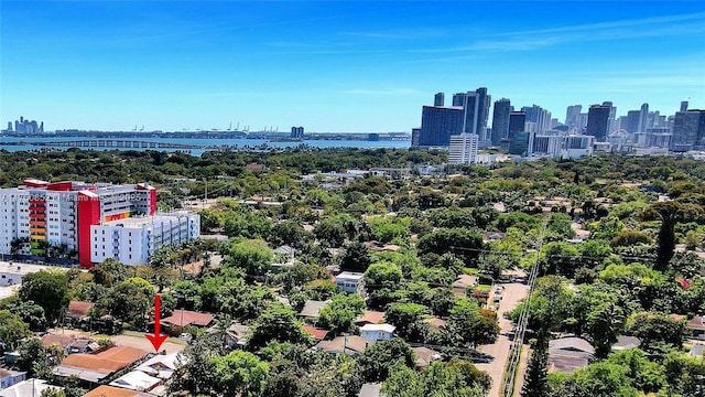 drone / aerial view featuring a city view and a water view