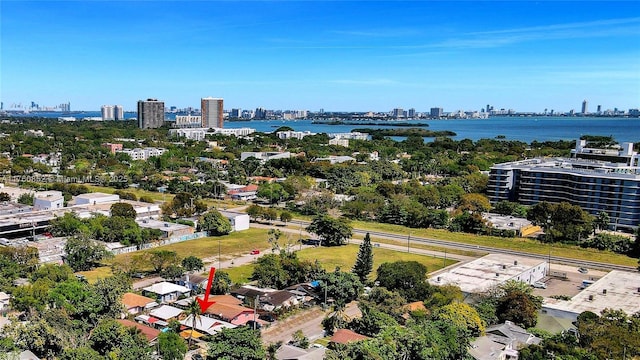 aerial view with a water view and a city view