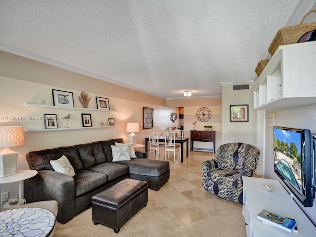 1900 NE 8th Ct Unit 306, Fort Lauderdale, FL 33304 - living area with visible vents, a textured ceiling, and crown molding
