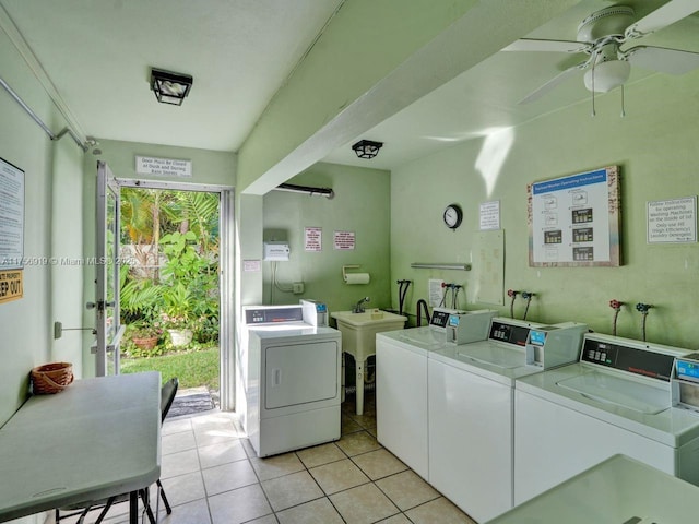 1900 NE 8th Ct Unit 306, Fort Lauderdale, FL 33304 - community laundry room with washer and dryer, light tile patterned flooring, and ceiling fan