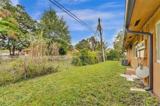 view of yard with central AC unit and a fenced backyard