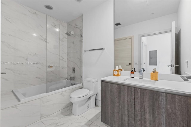 full bath featuring vanity, visible vents, marble finish floor, toilet, and combined bath / shower with glass door