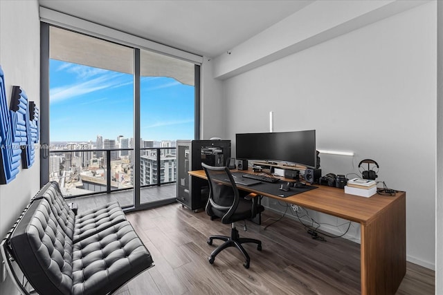 office area featuring a wall of windows and wood finished floors