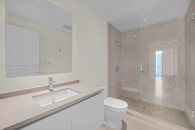 bathroom with vanity, a shower stall, toilet, and visible vents