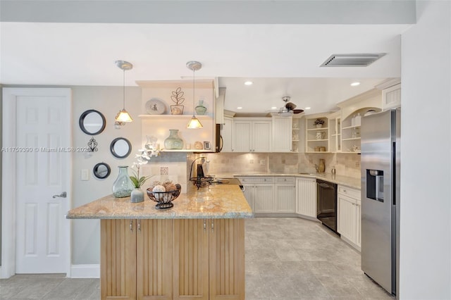 kitchen featuring light stone countertops, visible vents, open shelves, stainless steel appliances, and backsplash