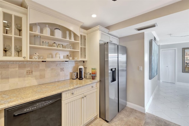 kitchen with visible vents, backsplash, stainless steel fridge, light tile patterned floors, and dishwasher