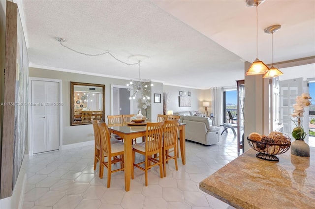 dining space featuring crown molding, light tile patterned floors, a chandelier, and a textured ceiling